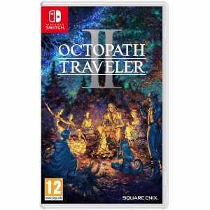 The image shows the box for the game Octopath Traveler 2 for the Nintendo Switch console. The illustration of the game shows a group of people around a campfire. The illustration is made in a cartoon style with orange and blue colors. At the top is the title of the game Octopath Traveler 2.   