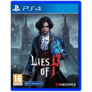 The image shows the box of the game Lies Of P for the PS4 console. The cover illustration of the game shows a boy in royal clothing and with a lowered sword in his hand. His other hand is slightly raised, and blue clouds of power can be seen emerging from it. Behind the figure are buildings in a Gothic style. At the bottom, you can see the logo of the game Lies Of P.Lies Of P Polish version game