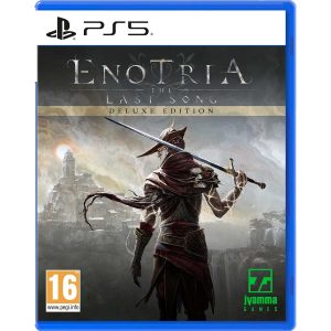 The image shows the box for the game Enotria The Last Song Deluxe Edition for the PS5 console. The illustration shows a character facing away from us with a sword in his hand. In front of the character are the buildings of the city. At the top of the illustration you can see the title of the game Enotria The Last Song Deluxe Edition.