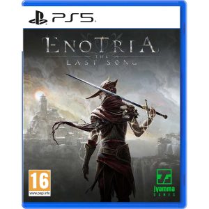 The image shows the box for the PS5 game Enotria The Last Song. The illustration shows a character with his back to us, sword in hand. In front of the character are city buildings. At the top of the illustration is the title of the game Enotria The Last Song.