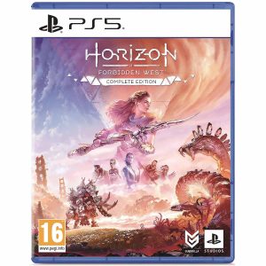 The image shows the box of the game Horizon: Forbidden Complete Edition for the PS5 console. The illustration shows the main character in the center with a long, sharp weapon in both hands. She is pointing to the right side of the illustration, below her are other characters from the game Horizon: Forbidden West. Below them are mechanical monsters inspired by animals from the game. The cover is in pastel colors - blue and orange. At the top is the title of the game PS5 Horizon: Forbidden West Complete Edition.     