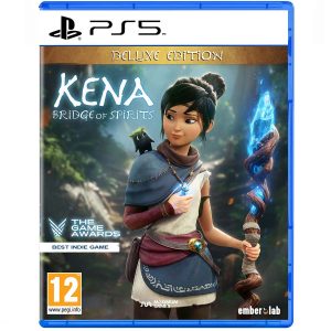 The image shows the box of the game Kena: Bridge of Spirits Deluxe Edition for the PS5 console. The illustration shows a girl, the main character, looking at a small creature on her shoulder and touching her necklace with a blue stone. Kena has tied black hair, with the other hand she holds a staff as tall as her and a magic blue stone on top. The main character is on a forest road and against the background of this road at the top you can see the title of the game Kena: Bridge of Spirits Deluxe Edition   