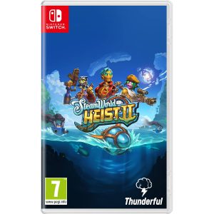 The image shows the box for the game SteamWorld Heist II for the Nintendo Switch console. The illustration shows three figures resembling robots. Below them is the title of the game SteamWorld Heist II and a wide body of water in which you can see smoking ships and missiles.  
