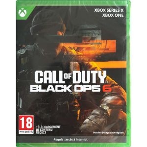 The image shows a Call of Duty Black Ops 6 game box for Xbox One and/or Series X. The game illustration shows a soldier with a black stripe covering his eyes. In the middle is the title of the game Call of Duty Black Ops 6. 