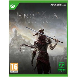 The image shows the box for the game Enotria The Last Song for the Xbox Series X console. The illustration shows a character with his back to us, a sword in his hand. In front of the character are the buildings of the city. At the top of the illustration is the title of the game Enotria The Last Song.