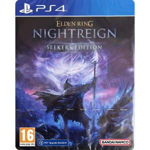 Na obrazku widać pudełko gry Elden Ring Nightreign gra na konsole PS4. Na ilustracji widać postać w deszczu, na polu walki w ciemnym stroju i laską. Nad postacią widać tytuł gry Elden Ring Nightreign Seekers Edition.  