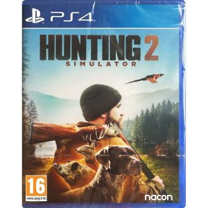 The image shows the box for the game Hunting Simulator 2 on the PS4 console. The illustration shows a hunter turned sideways to the viewer. He has a hunting rifle slung over his shoulder. In the foreground at the height of the character are hunting dogs and they are a deer and a wild boar. In the background is a forest, and at the top against the sky is the title of the game Hunting Simulator 2.    