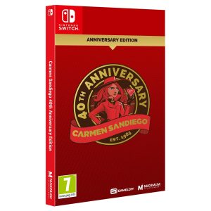 The image shows the box for the Carmen Sandiego 40th Anniversary Edition game for the Nintendo Switch console. The illustration shows the main character Carmen. Around her is a circle with the inscription 40th Anniversary Edition, and at the bottom an emblem with the name of the game Carmen Sandiego.  