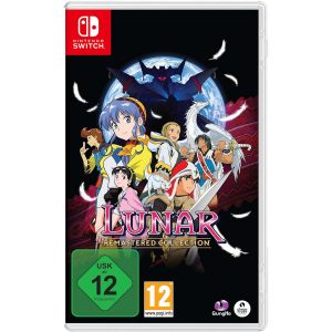 The image shows the box for the game Lunar Remastered Collection on the Nintendo Switch console. The illustration shows characters from the game in the central composition and behind them is the earth. The entire illustration has a black background. At the bottom is the title of the game Lunar Remastered Collection.   