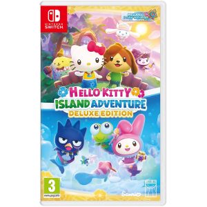 The image shows the box for the Hello Kitty Island Adventure Deluxe Edition game for the Nintendo Switch console. The illustration shows characters from Kitty Friends World. At the top is the land world with Hello Kitty and her island. At the bottom is the underwater world with characters with mermaid tails. In the middle is the title of the Nintendo Switch game Hello Kitty Island Adventure Deluxe Edition.