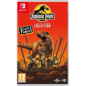 Na obrazku widzę pudełko gry Jurassic Park Classic Games Collection na konsole Nintendo Switch. Na ilustracji widać w centralnej części dużego dinozaura a pod nim 3 mniejsze. Tło ilustracji jest intensywnie pomarańczowe. Ponad zwierzętami znajduje się tytuł gry Jurassic Park Classic Games Collection.