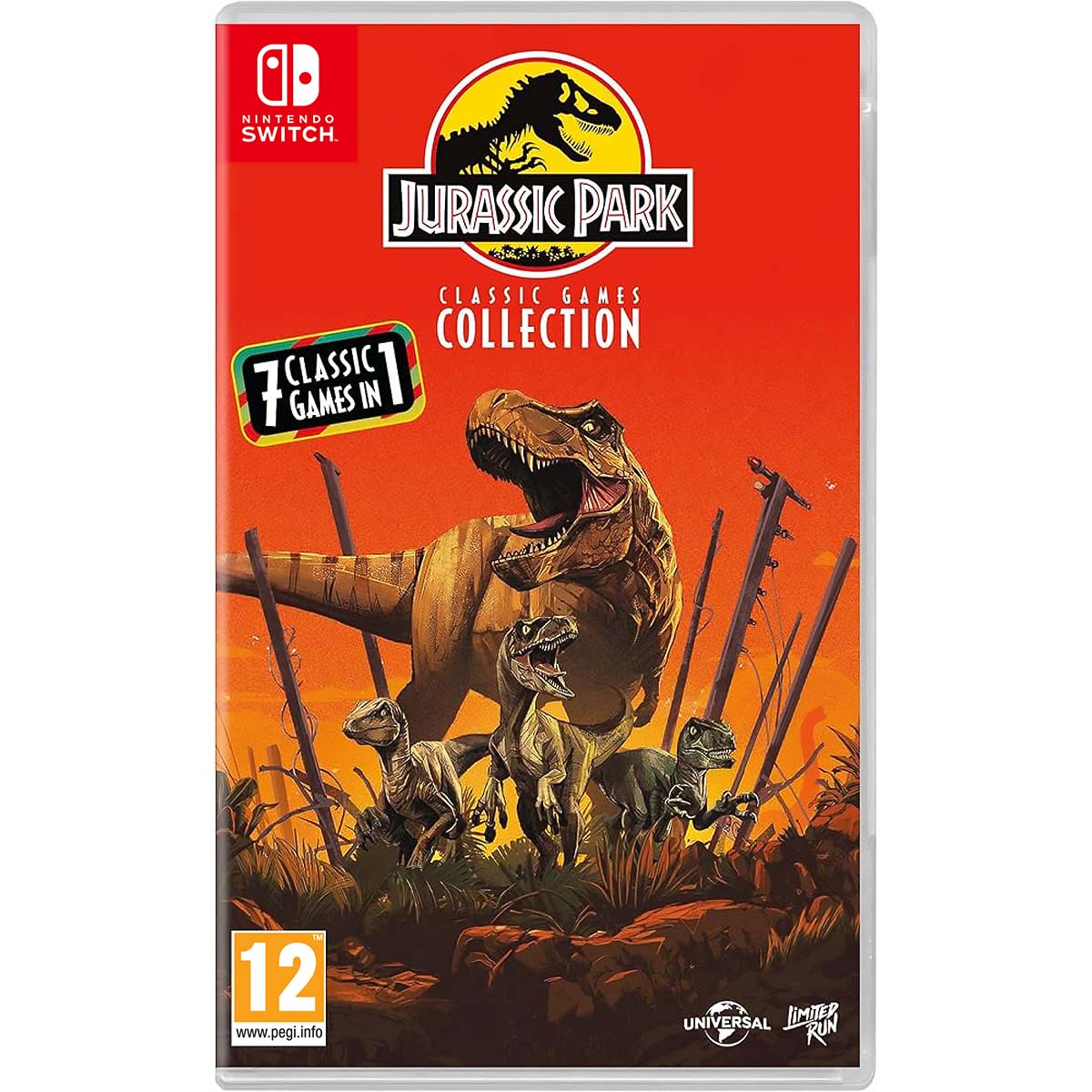 Na obrazku widzę pudełko gry Jurassic Park Classic Games Collection na konsole Nintendo Switch. Na ilustracji widać w centralnej części dużego dinozaura a pod nim 3 mniejsze. Tło ilustracji jest intensywnie pomarańczowe. Ponad zwierzętami znajduje się tytuł gry Jurassic Park Classic Games Collection.