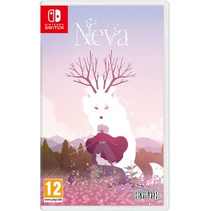 The image shows the box for the game Neva for the Nintendo Switch console. The illustration shows the female warrior Alba and the wolf Neva. In front of the female warrior is a young version of the wolf Neva and an adult form and a large one behind her. Around her are mountains, a meadow and a forest. At the top, in the light purple sky, you can see the title of the game Neva.    