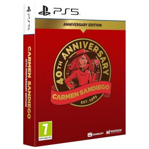 The image shows the box for the game Carmen Sandiego 40th Anniversary Edition on the PS5 console. The illustration shows the main character Carmen. Around her is a circle with the inscription 40th Anniversary Edition, and at the bottom an emblem with the name of the game Carmen Sandiego.  