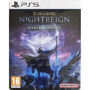 The image shows the box for the game Elden Ring Nightreign Seekers Edition for the PS5 console. The illustration shows a character in the rain, on the battlefield in dark clothing and with a staff. Above the character is the title of the game Elden Ring Nightreign Seekers Edition.  