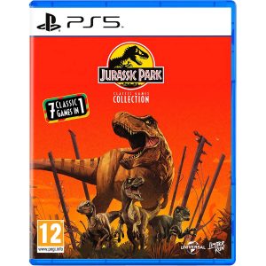 Na obrazku widzę pudełko gry Jurassic Park Classic Games Collection na konsole PS5. Na ilustracji widać w centralnej części dużego dinozaura a pod nim 3 mniejsze. Tło ilustracji jest intensywnie pomarańczowe. Ponad zwierzętami znajduje się tytuł gry Jurassic Park Classic Games Collection.