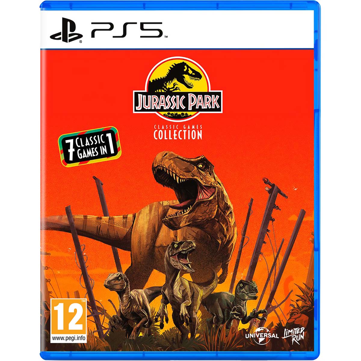 Na obrazku widzę pudełko gry Jurassic Park Classic Games Collection na konsole PS5. Na ilustracji widać w centralnej części dużego dinozaura a pod nim 3 mniejsze. Tło ilustracji jest intensywnie pomarańczowe. Ponad zwierzętami znajduje się tytuł gry Jurassic Park Classic Games Collection.