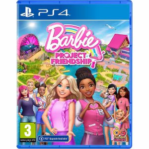 The image shows the box for the PS4 game Barbie Project Friendship. The cover image shows two Barbies with other Barbie Project Friendship characters behind them. In the background is a town, with a stage, beach, and mountains. At the top, against the sky, is the title of the game Barbie Project Friendship.
