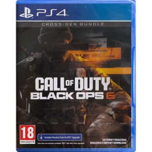 The image shows the box for the game Call of Duty Black Ops 6 on the PS4 console. The illustration of the game shows a soldier with a black stripe covering his eyes. In the middle is the title of the game Call of Duty Black Ops 6.