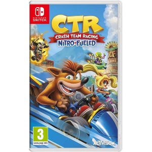 The image shows the box for the Crash Team Racing Nitro-Fueled game for the Nintendo Switch console. The illustration shows Crash in a car. Above him is the title of the game Crash Team Racing Nitro-Fueled.  