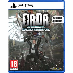 The image shows the box for the Dead Rising Deluxe Remaster game on the PS5 console. The game illustration shows a man with a camera slung around his neck and holding a large shopping cart on his outstretched hands. There are many objects and hands around him. At the top is the title of the game Dead Rising Deluxe Remaster.   
