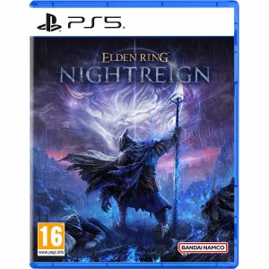 The image shows the box for the game Elden Ring Nightreign game for the PS5 console. The illustration shows a character in the rain, on the battlefield in dark clothing and with a staff. Above the character is the title of the game Elden Ring Nightreign Seekers Edition.  