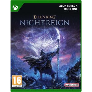 The image shows the box for the game Elden Ring Nightreign game for the Xbox One Xbox Seires X console. The illustration shows a character in the rain, on the battlefield in dark clothing and with a staff. Above the character is the title of the game Elden Ring Nightreign Seekers Edition. 