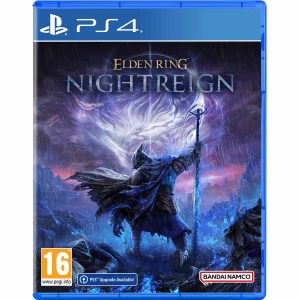 Na obrazku widać pudełko gry Elden Ring Nightreign gra na konsole PS4. Na ilustracji widać postać w deszczu, na polu walki w ciemnym stroju i laską. Nad postacią widać tytuł gry Elden Ring Nightreign Seekers Edition.  