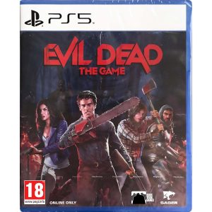 Na obrazku widać pudełko gry Evil Dead The Game na konsole PS5. Na ilustracji widać postacie z gry broni z bronią tj. piła mechaniczna, siekiera, miecz czy klasyczna broń palna. Na górze znajduje się tytuł gry Evil Dead The Game.