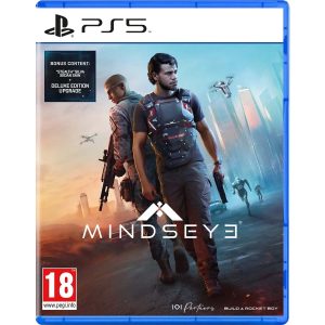 The image shows a MindsEye game box for the PS5 console. The illustration shows two armed men in an open space. Behind them are robots and futuristic helicopters. At the bottom is the title of the game MindsEye.   
