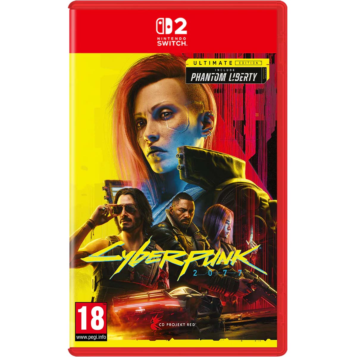 Na obrazku widać pudełko gry Cyberpunk 2077 Ultimate Edition na konsole Nintendo Switch 2. Na ilustracji widać postacie z gry Cyberpunk 2077. Po lewo znajduje się tło jaskrawo żółte a po prawej czarne czerwonymi, nieregularnymi paskami. Na dole widać żółty tytuł gry Cyberpunk 2077.