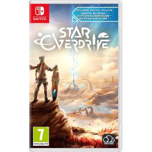 The image shows the box for the Star Overdrive game on the Nintendo Switch console. The cover illustration shows a character in the left corner with a hoverboard. In front of the character is a spike with energy surrounding it. At the top is the title of the game Star Overdrive.   