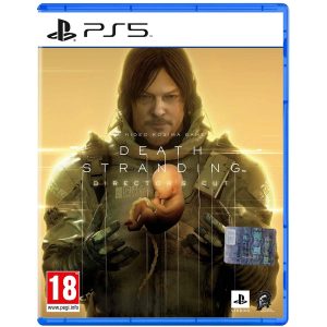Na obrazku widać pudełko gry Death Stranding: Director's Cut na konsole PS5. Na ilustracji widać główego bohatera gry który pomiędzy dłońmi ma noworodka. Za nim znajduje się świetliste jasno żółte tło. Na środku ilustracji znajduje się tytuł gry Death Stranding: Director's Cut.