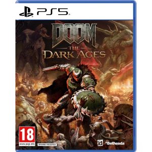 The image shows the box for the game Doom: The Dark Ages on the PS5 console. The illustration shows the main character Doom Slayer with a shield that protects him from monsters. In general, more monsters are visible and above him is the title of the game Doom: The Dark Ages.  