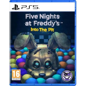 The image shows the box for the PS5 game Five Nights at Freddy's Into the Pit. The cover image shows a rabbit's head sticking out of a ball pit. The game's title, Five Nights at Freddy's Into the Pit, is at the top.  