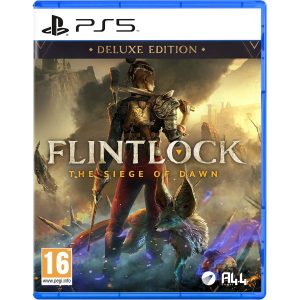 The image shows the box for the PS5 game Flintlock: The Siege of Dawn Deluxe Edition. The illustration shows a woman with an axe leaning against her shoulder and a shotgun. At her feet is a fox-like animal. In the center is the title of the game Flintlock: The Siege of Dawn Deluxe Edition.