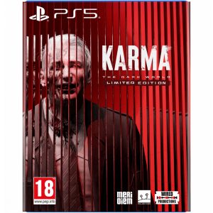The image shows the PS5 KARMA: The Dark World Limited Edition game box for the PS5 console. The illustration shows a man behind bars against a red faded background. To his right is the title of the game PS5 KARMA: The Dark World Limited Edition.  