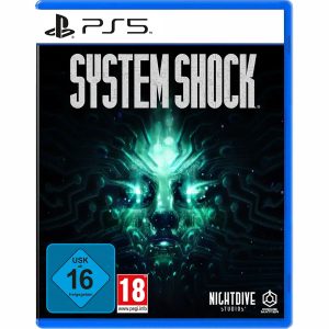The image shows a System Shock game box for the PS5 console. The illustration shows facial features that glow in the dark. At the top is the title of the game System Shock.  