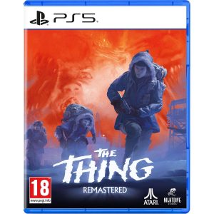The image shows the box of the game The Thing Remastered for the PS5 console. The illustration shows people who are heavily dressed and with weapons walking forward. P=The ground and characters are blue-gray and the background is orange. At the bottom of the cover you can see the title of the game The Thing Remastered.   
