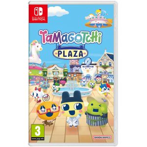 Na obrazku widać pudełko gry Tamagotchi Plaza na konsole Nintendo Switch 2. Na ilustracji znajdują się Tamagotchi na kafelkowej powierzchni. Na górze znajduje się się tytuł gry Tamagotchi Plaza.