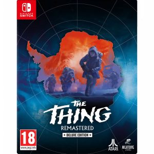 Na obrazku widać pudełko gry The Thing Remastered Deluxe Edition na konsole Nintendo Switch. Na ilustracji widać ludzi, którzy grubo ubrani i z bronią idą przed siebie. P=Grunt jak i postacie są koloru niebieskiej szarości a tło widać jest koloru pomarańczowego. Na dole okładki widać tutuł gry The Thing Remastered Deluxe Edition.   