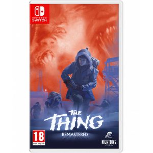 The image shows the box of the game The Thing Remastered for the Nintendo Switch console. The illustration shows people who are heavily dressed and with weapons walking forward. P=The ground and characters are blue-gray and the background is orange. At the bottom of the cover you can see the title of the game The Thing Remastered.   
