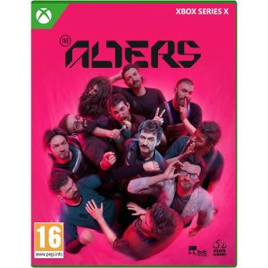The image shows the box for the Xbox Series X game The Alters. The cover illustration has a pink background and in the middle you can see the main character with his look-alikes. At the top is the title of the game The Alters. 