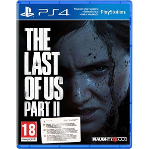 The image shows the game The last of Us Part II on the PS4 console. The illustration shows a close-up of a blood-spattered face in the darkness facing the viewer, with a menacing pattern. On the left is a large white title of the game The last of Us Part II.