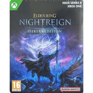 Na obrazku widać pudełko gry Elden Ring Nightreign gra na konsole Xbox One i Xbox Series X. Na ilustracji widać postać w deszczu, na polu walki w ciemnym stroju i laską. Nad postacią widać tytuł gry Elden Ring Nightreign Seekers Edition. 